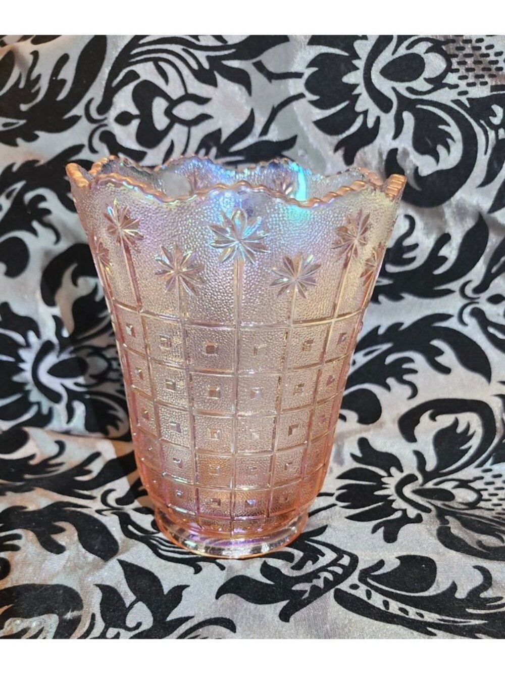 Lenox Imperial Pink Iridescent Vase Palm Tree & Grid Design  Pretty